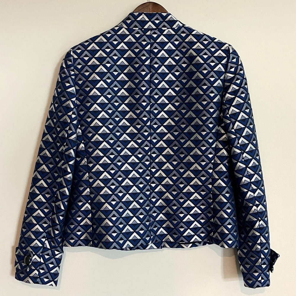 Kasper Womens Blue Geometric Triangle Jacquard Mandarin Collar Blazer Jacket 4 - Picture 5 of 10